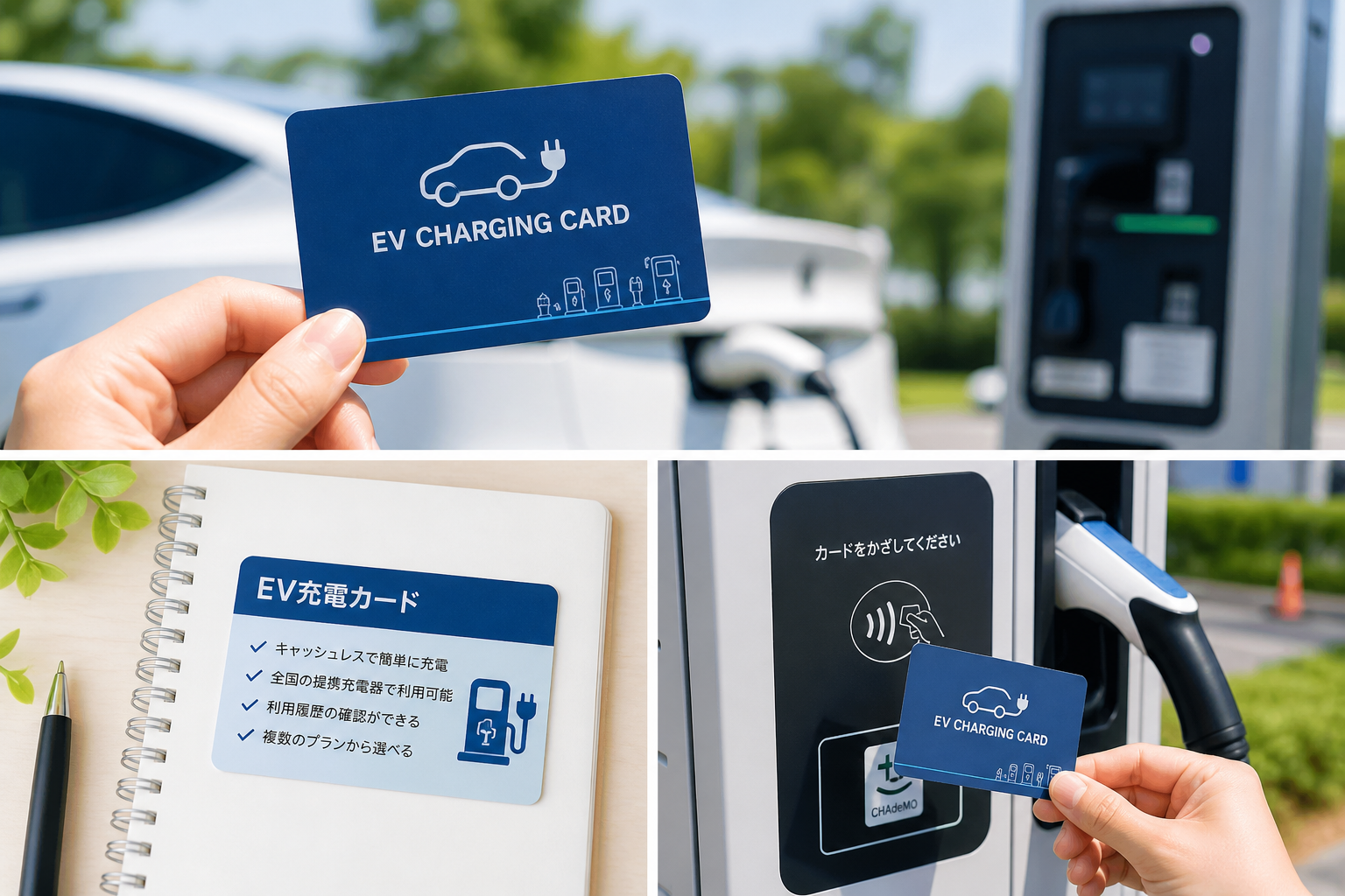 EV充電カードの仕組み——カードを持つ・説明・充電器にかざす