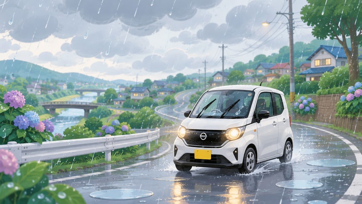 雨の日の道路を走る白い軽EVのイラスト。あじさいが咲く郊外の道
