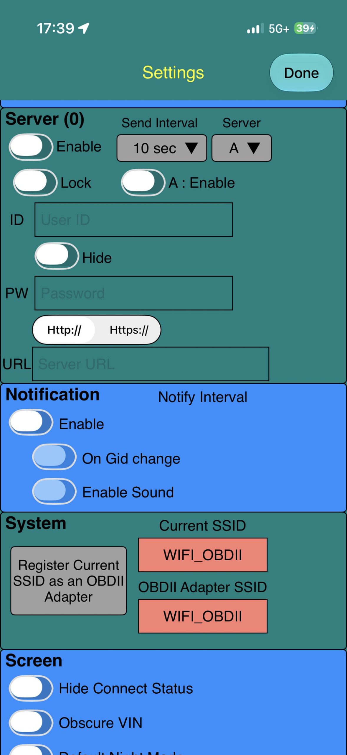 LeafSpyのSettings画面でRegister Current SSIDをタップしてWIFI_OBDIIを登録
