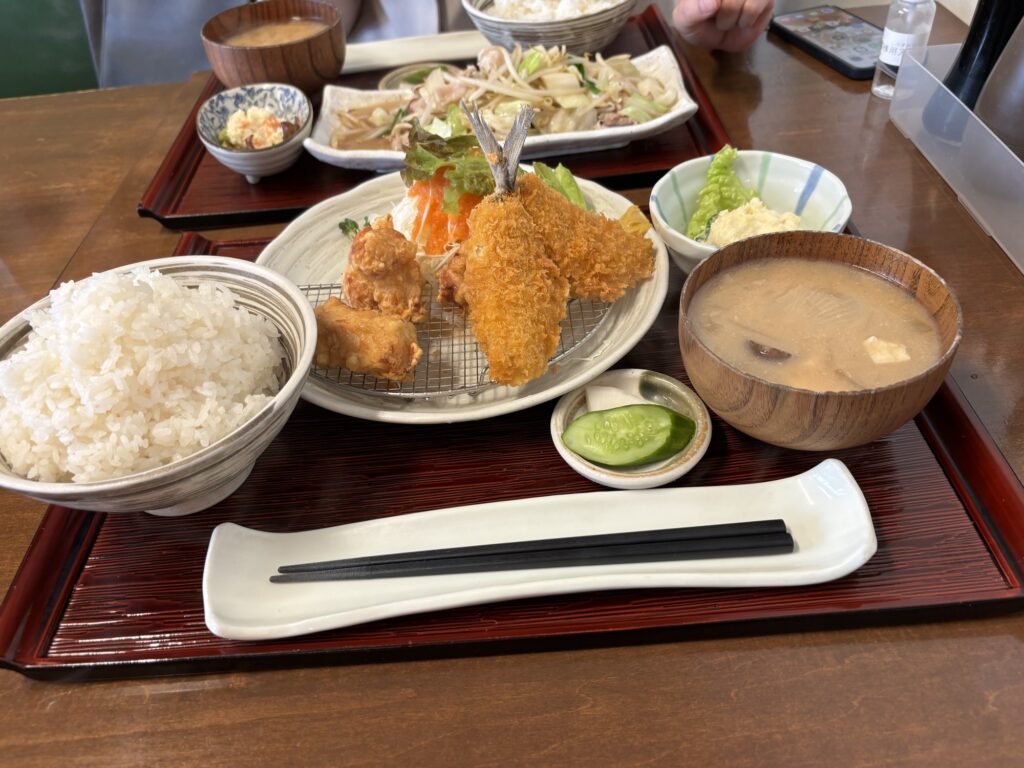 加賀家食堂の日替わり定食（唐揚げ＋白身フライ盛り合わせ）。過去の訪問時の一皿