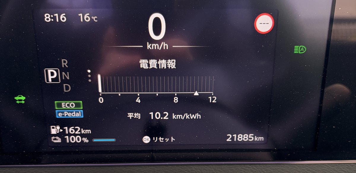 気温16℃の5月、満充電100%で航続可能距離162kmと表示されたメーター