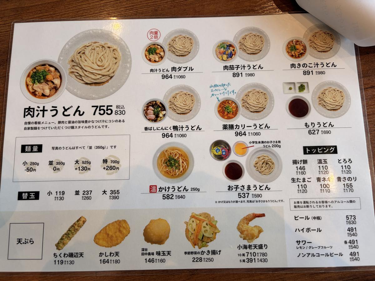 肉汁うどんや麺量の選び方が書かれた澤村のグランドメニュー