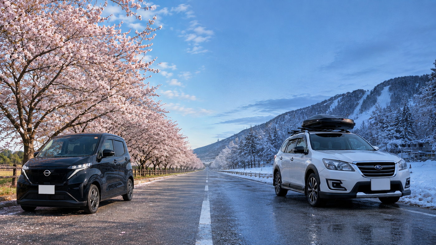 桜並木の日産サクラと雪山のスバル エクシーガ クロスオーバー7