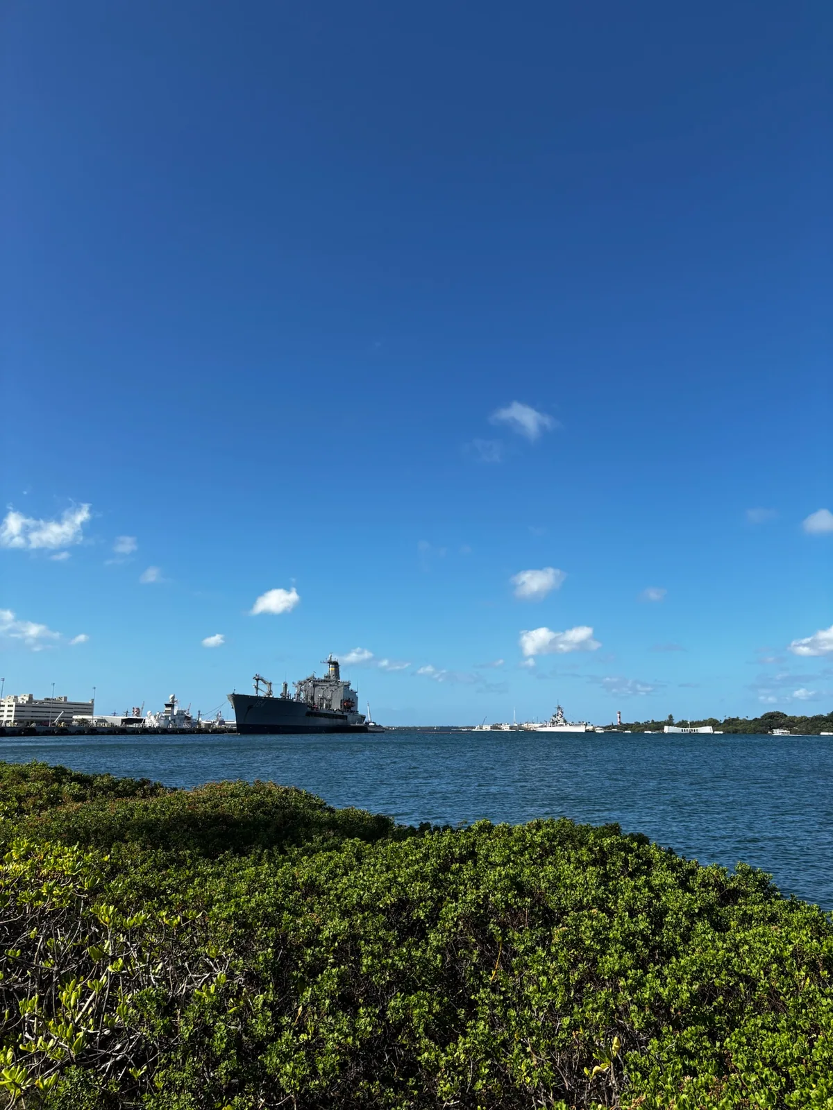 真珠湾の海と停泊する艦船