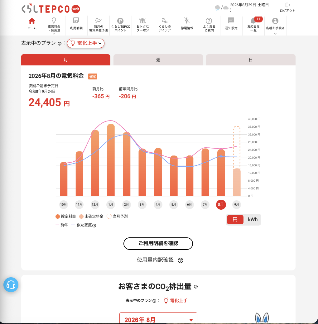 くらしTEPCO webのホーム画面。月別の電気料金が棒グラフで表示されている