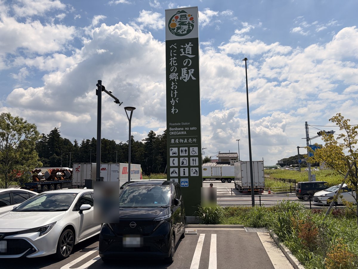 道の駅べに花の郷おけがわの看板の前に停めた日産サクラ