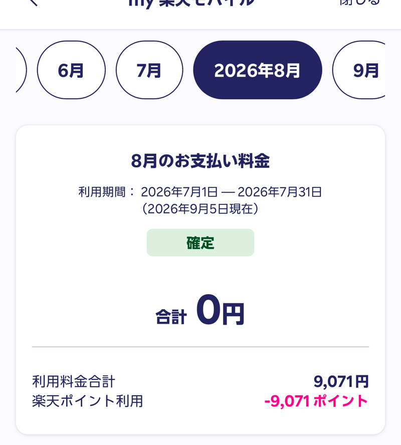 my楽天モバイルの8月のお支払い料金。利用料金合計9,071円、楽天ポイント利用-9,071ポイント、合計0円