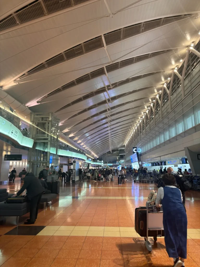 羽田空港に帰ってきて、スーツケースをカートに載せて押すところ
